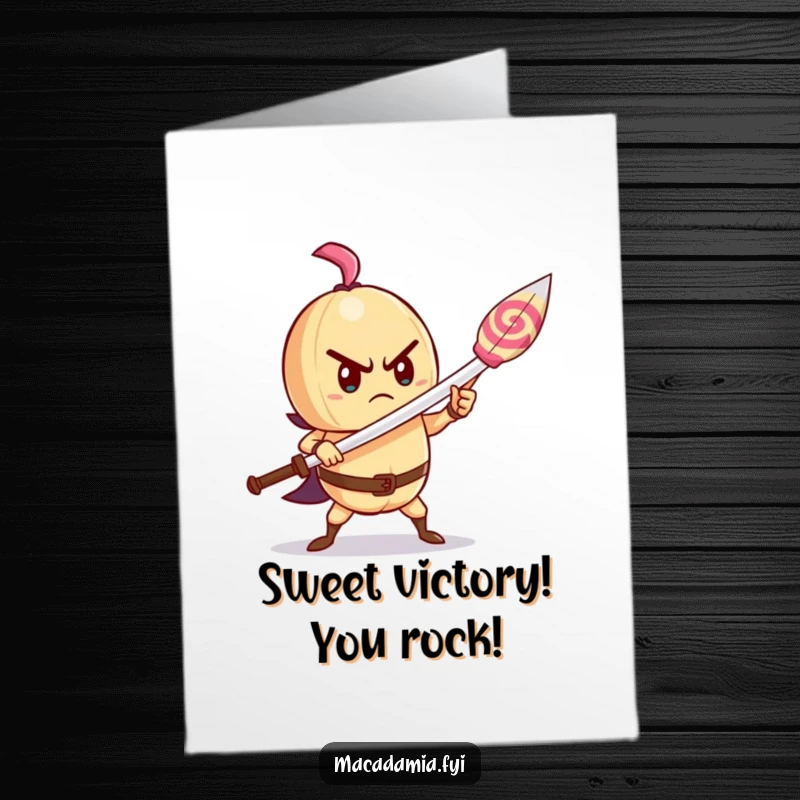 Funny Free Printable Congrats Card: A brave macadamia nut holds a lollipop sword high, celebrating a sweet achievement.