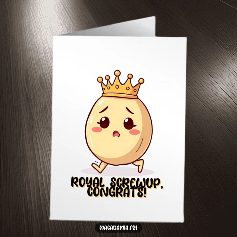 Funny Free Printable Congrats Card showing a crowned macadamia nut tripping, giving a look of surprised amusement.