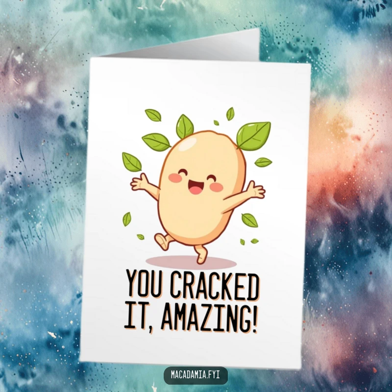 Funny Free Printable Congratulations Card: Energetic macadamia nut doing a cartwheel, celebrating success with spinning leaves.
