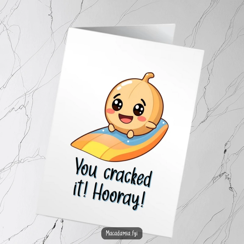 Funny Free Printable Congrats Card showing a cheerful macadamia nut sliding down a rainbow, celebrating success.