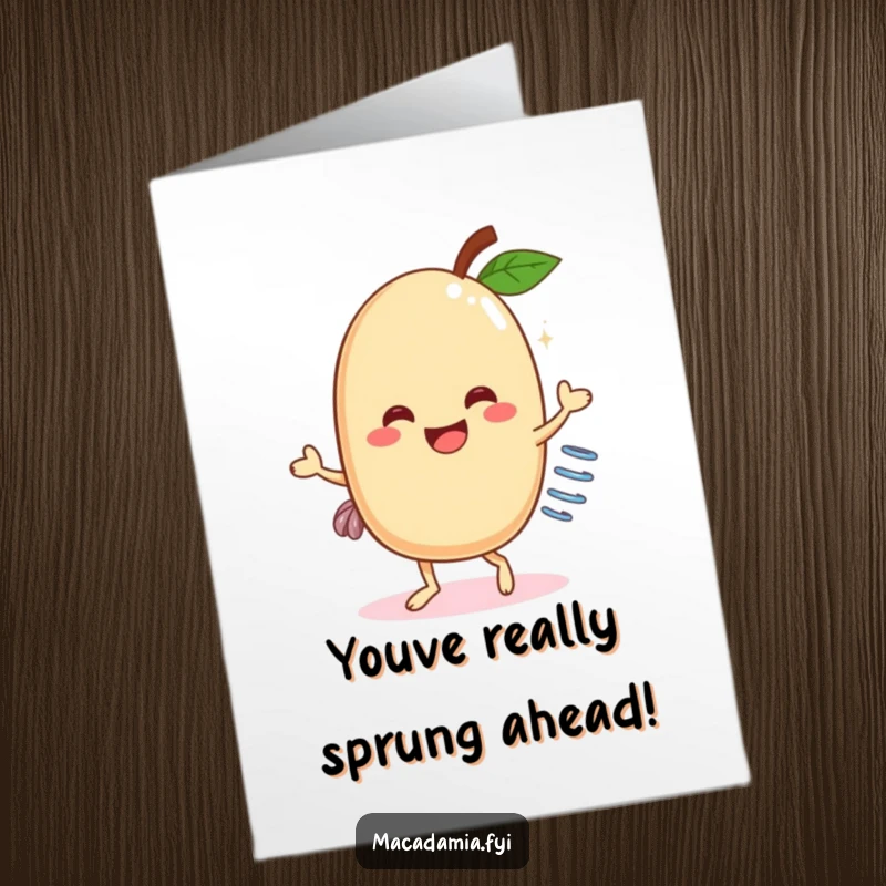 Funny Free Printable Congratulations Card: A macadamia nut with a spring attached dances ecstatically, spreading celebratory vibes.