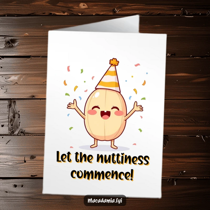 Funny Free Printable Congratulations Card: A joyful macadamia nut wearing a party hat enthusiastically throws confetti all around.