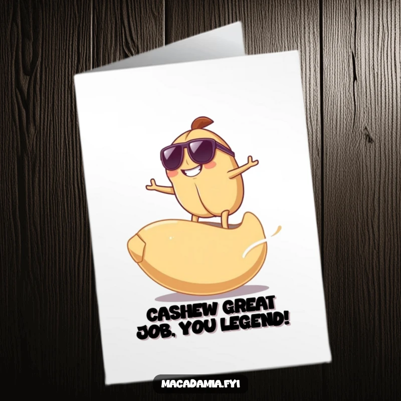 Funny Free Printable Congratulations Card: Grinning macadamia nut in sunglasses surfs a giant cashew, celebrating a major win.