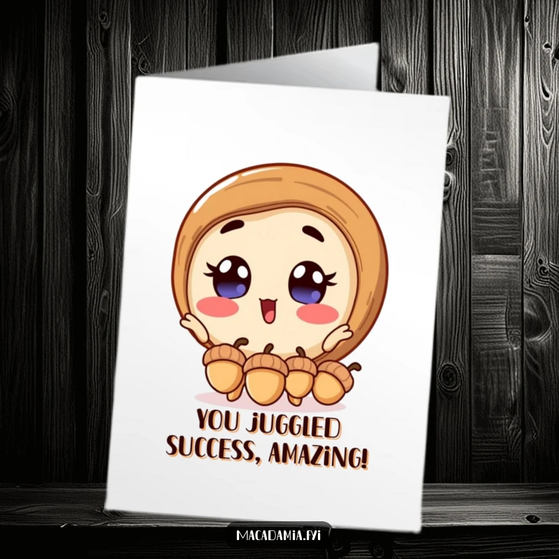 Funny Free Printable Congratulations Card: Macadamia nut with wide, excited eyes juggling three miniature acorns with flair.