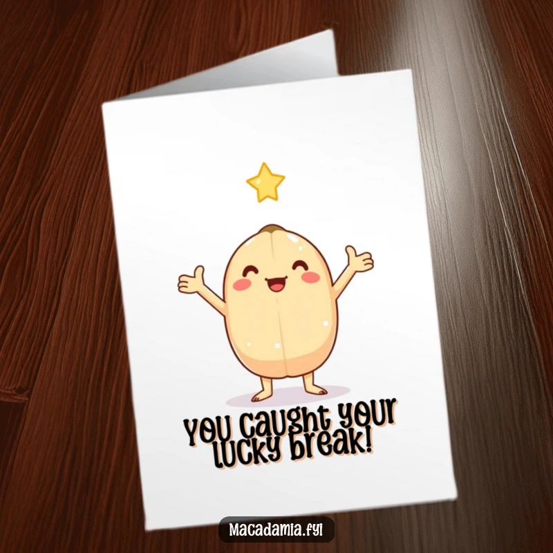 Funny Free Printable Congratulations Card: Kawaii macadamia nut catches a falling star, celebrating success.