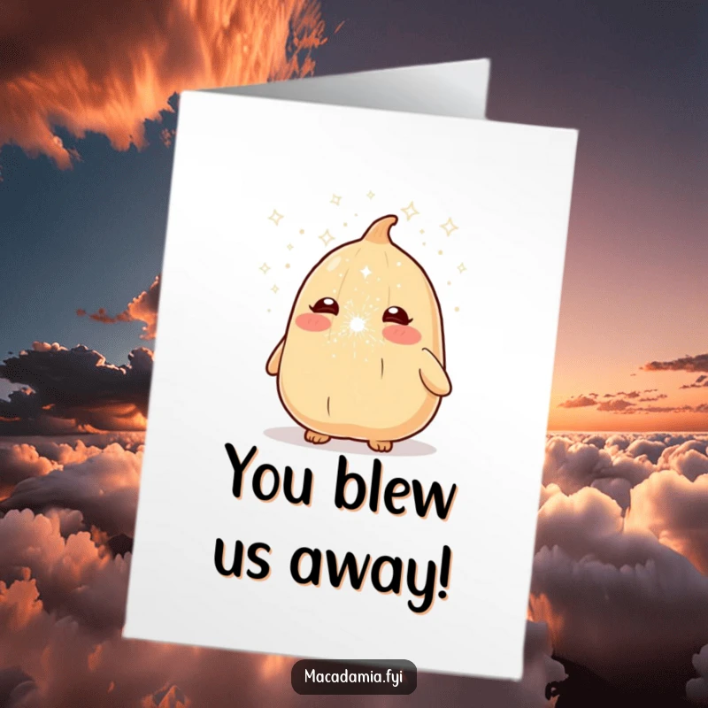 Funny Free Printable Congratulations Card showing a macadamia nut character erupting in a sneeze of sparkling dust, perfect for celebrating achievements.