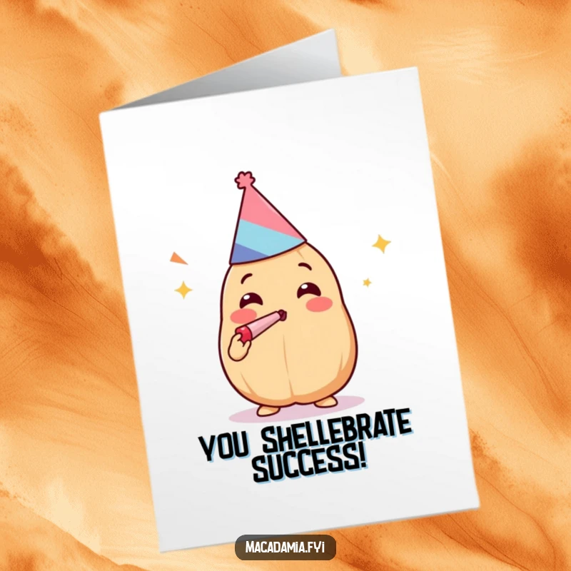 Funny Free Printable Congratulations Card: Kawaii macadamia nut in party hat blowing noisemaker, celebrating success.