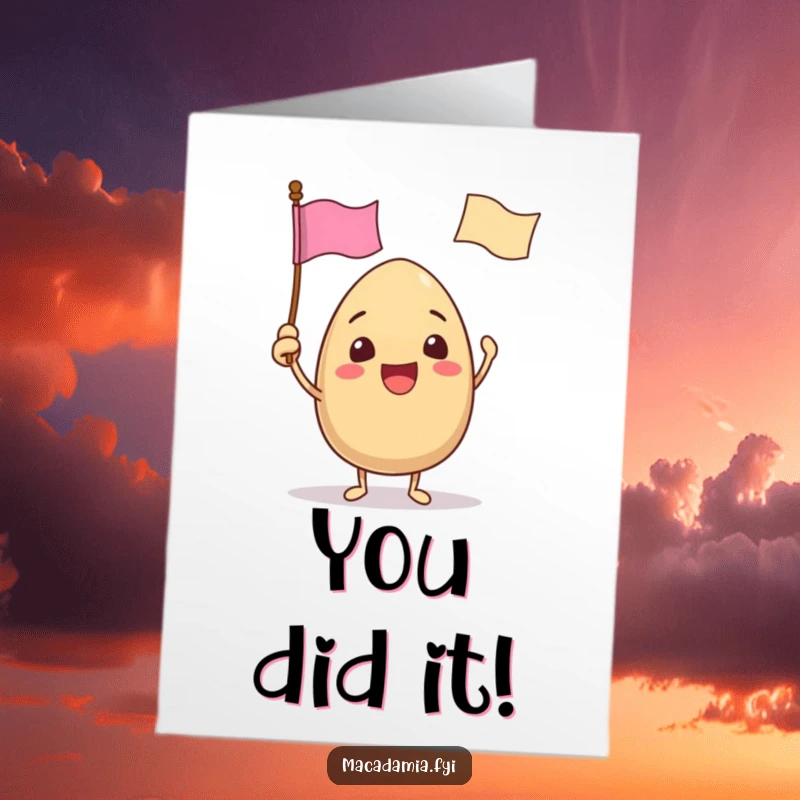 Free Printable Congratulations Card: A macadamia nut waves a tiny flag featuring a funny face.