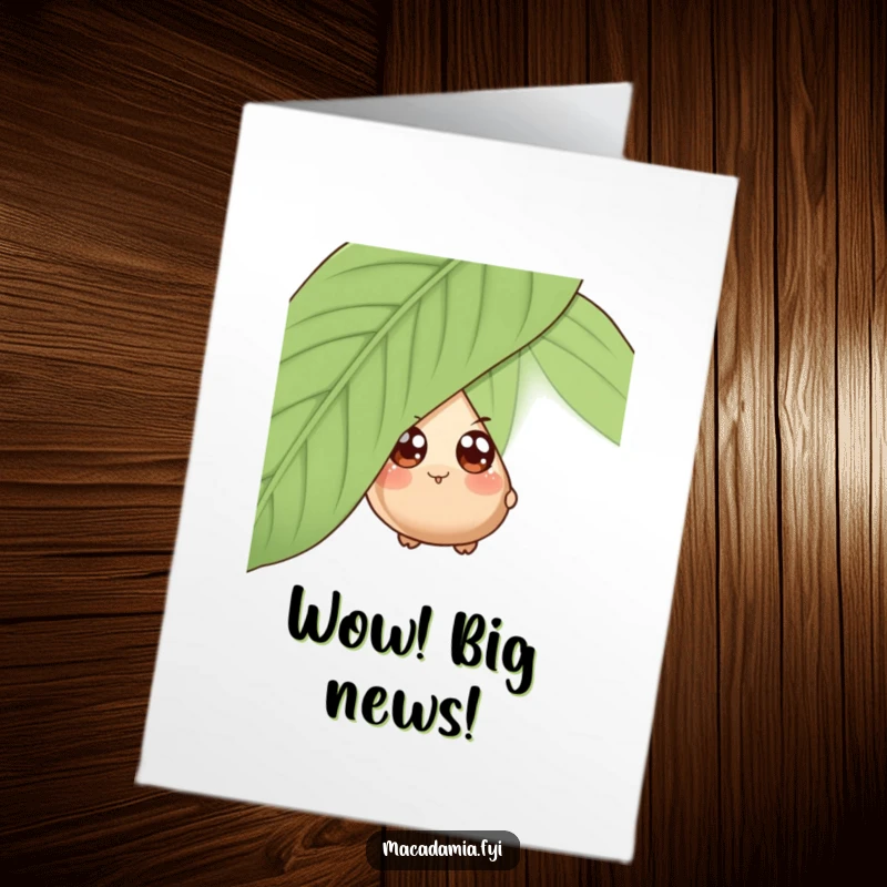 Free Printable Congratulations Card: A macadamia nut with wide eyes peeks playfully from behind a giant leaf.