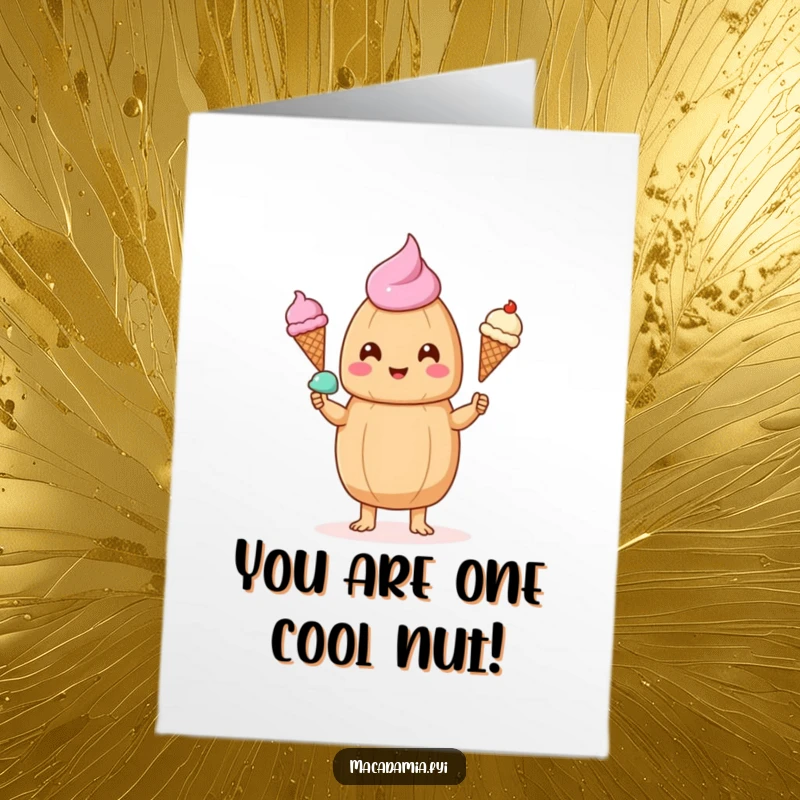 Funny Free Printable Congratulations Card: Kawaii macadamia nut juggles ice cream cones in celebration.