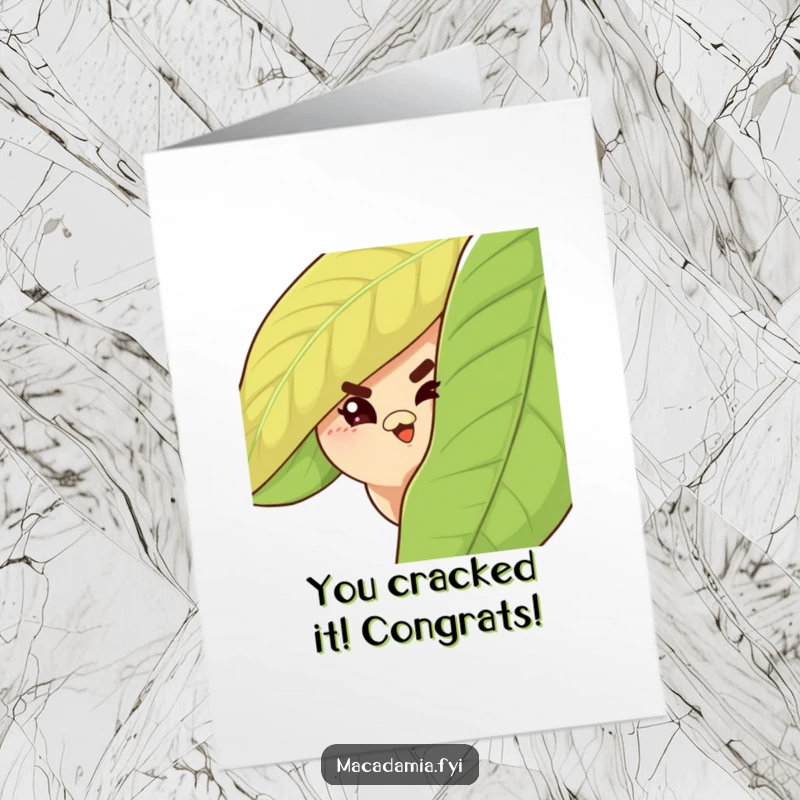 Funny Free Printable Macadamia Nut Congratulations Card: A naughty nut peeking from behind a leaf, winking slyly.