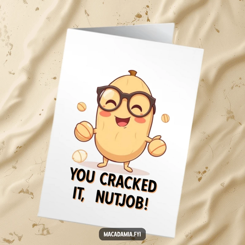 Funny Free Printable Congratulations Card: A smiling macadamia nut wearing tiny glasses, expertly juggling three other nuts.