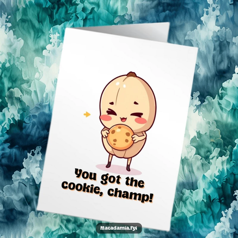 Funny Free Printable Congratulations Card: A macadamia nut with a cheeky wink holds a delicious miniature cookie mid-air, celebrating good fortune.