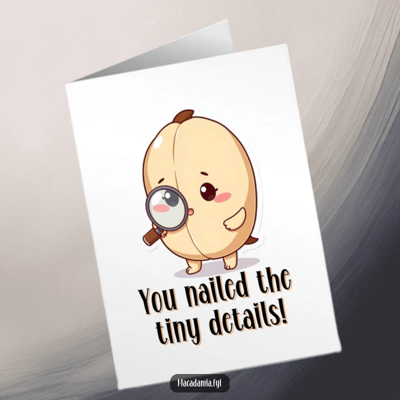 Funny Free Printable Congratulations Card showing a macadamia nut character using a magnifying glass to closely inspect a minuscule detail, symbolizing keen observation.