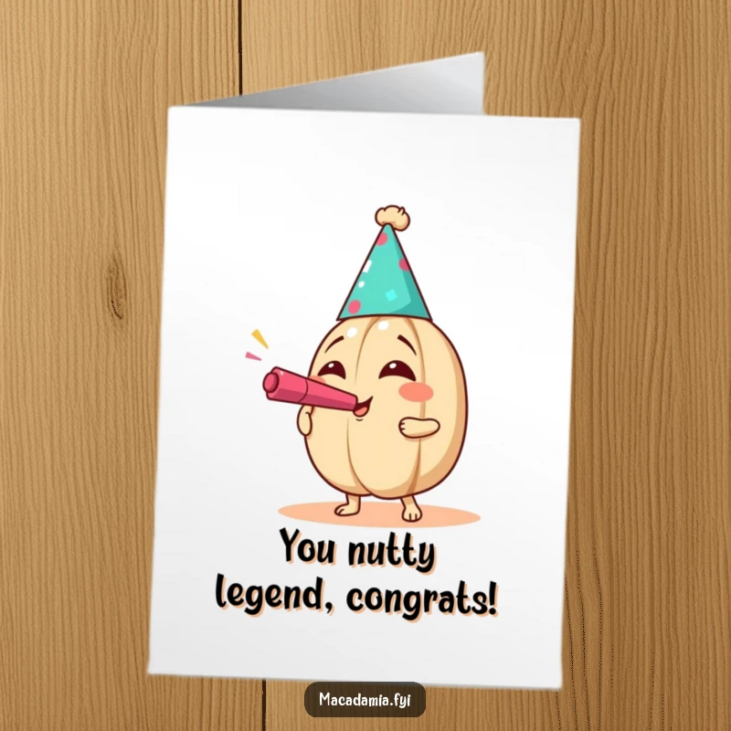 Funny Free Printable Congratulations Card: Macadamia nut in party hat joyfully blows a noisemaker, celebrating a huge success.
