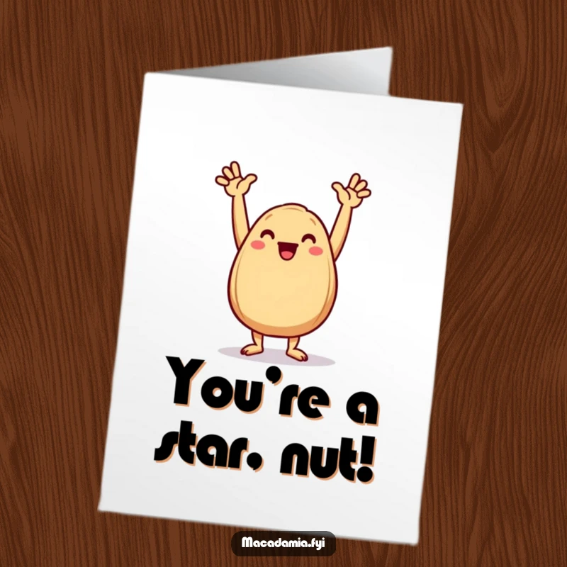 Funny Free Printable Macadamia Nut Congratulations Card: A joyful nut is doing a triumphant dance with arms in the air.