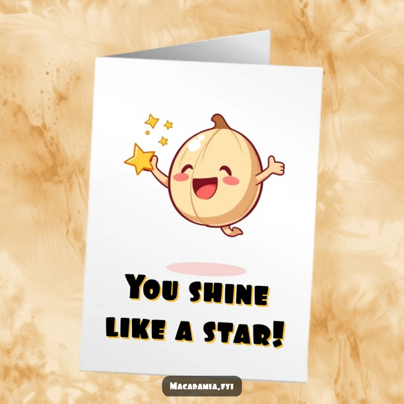 Funny Free Printable Congratulations Card: A macadamia nut joyfully jumps, surrounded by a radiant starburst effect.