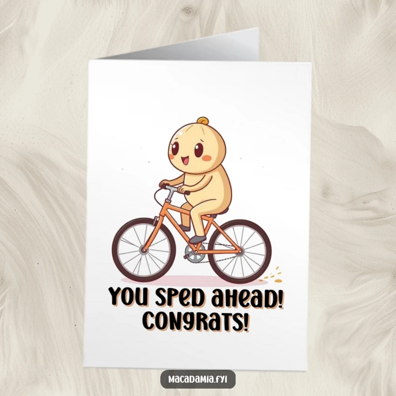Funny Free Printable Congratulations Card showing a macadamia nut character speeding on a bicycle, leaving a glorious trail of sparkles for success.