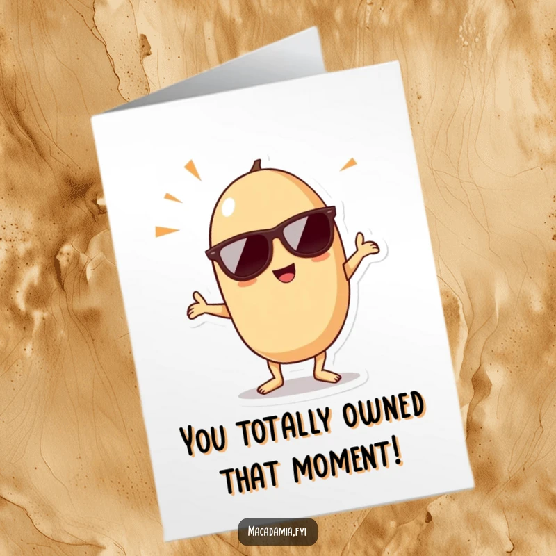 Funny Free Printable Congratulations Card: Kawaii macadamia nut in sunglasses strikes a celebratory dance pose.