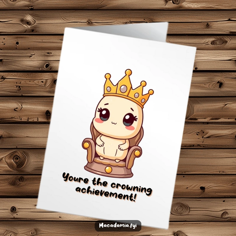Funny Free Printable Congrats Card: Macadamia nut monarch in crown on throne, celebrating a major achievement