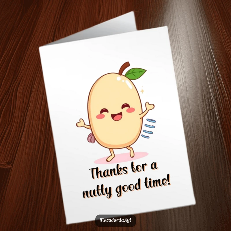 Funny Free Printable Thank You Card: A cheerful macadamia nut on a spring dances gratefully, perfect for a quirky thank you.