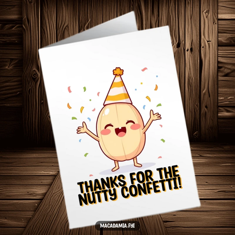Funny Free Printable Thank You Card: A macadamia nut in a party hat joyfully tosses colorful confetti with its arms.