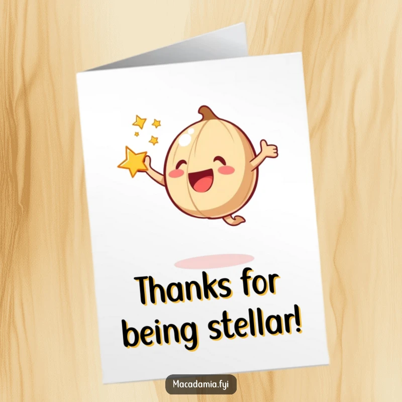 Funny Free Printable Thank You Card: A macadamia nut makes a happy jump with a bright star bursting around it.