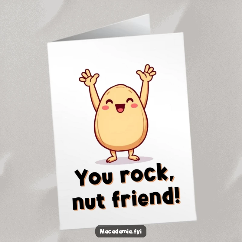 Funny Free Printable Macadamia Nut Thank You Card: A single nut celebrates triumphantly with arms in the air, dancing joyfully.