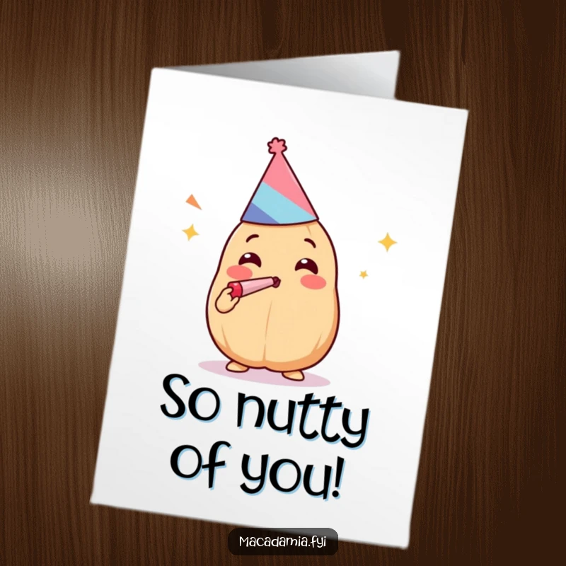 Funny Free Printable Thank You Card: Kawaii macadamia nut in party hat with noisemaker, expressing thanks joyfully.