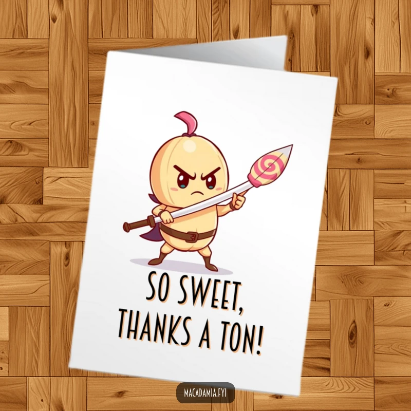 Funny Free Printable Thank You Card: A determined macadamia nut brandishes a lollipop sword, thanking you bravely.