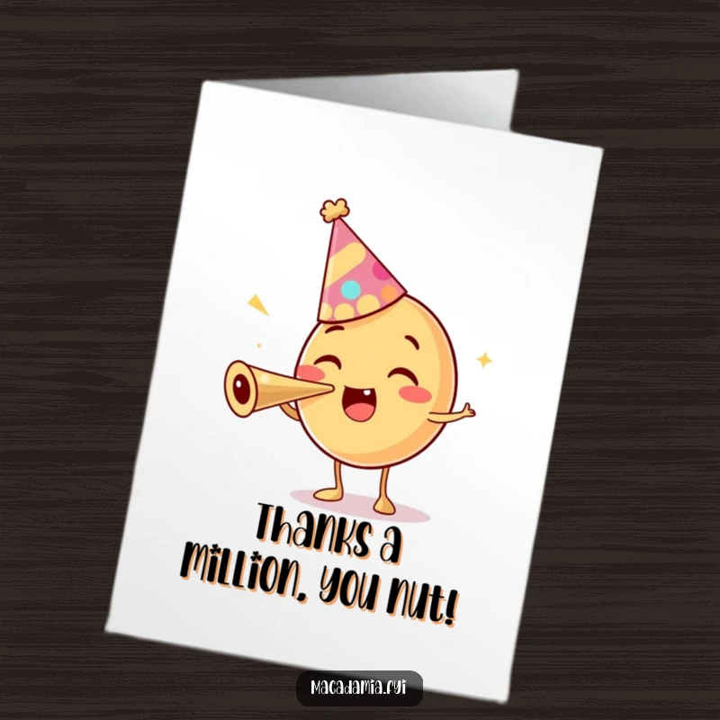 Funny Free Printable Thank You Card: A macadamia nut character wearing a party hat, blowing a horn to express thanks.