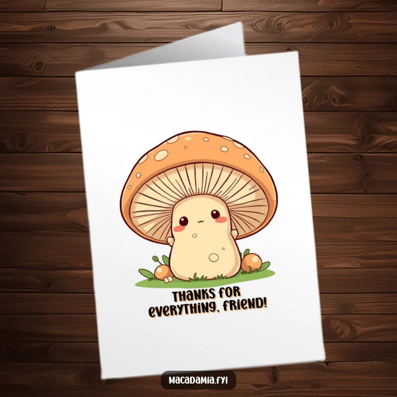 Funny Free Printable Thank You Card with a macadamia nut character peeking cautiously from behind a large, welcoming mushroom, symbolizing a shy thank you.