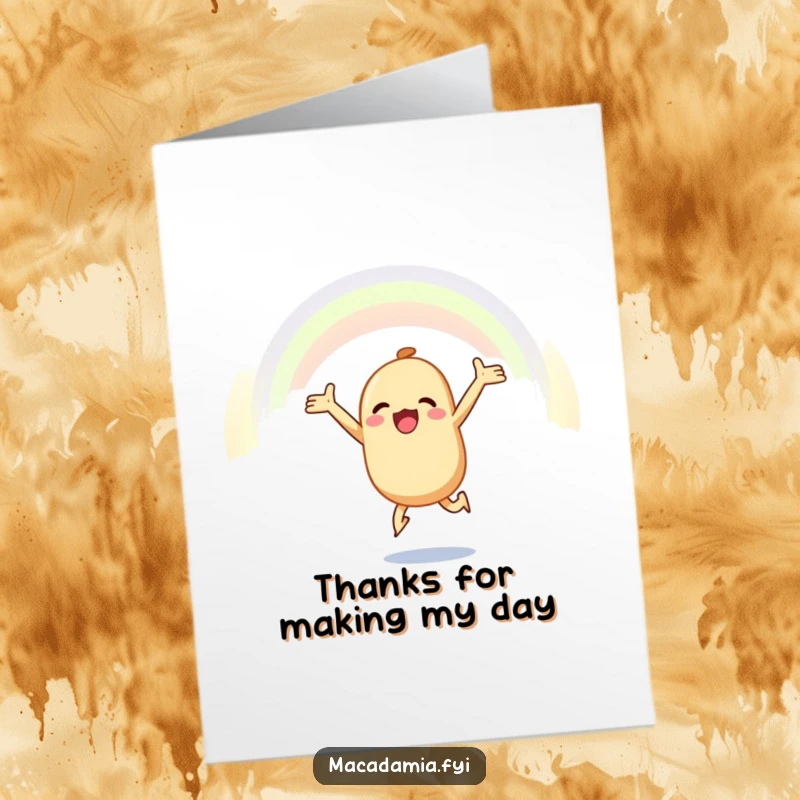 Funny Free Printable Thank You Card: Macadamia nut leaping joyfully, arms outstretched, towards a hopeful rainbow.