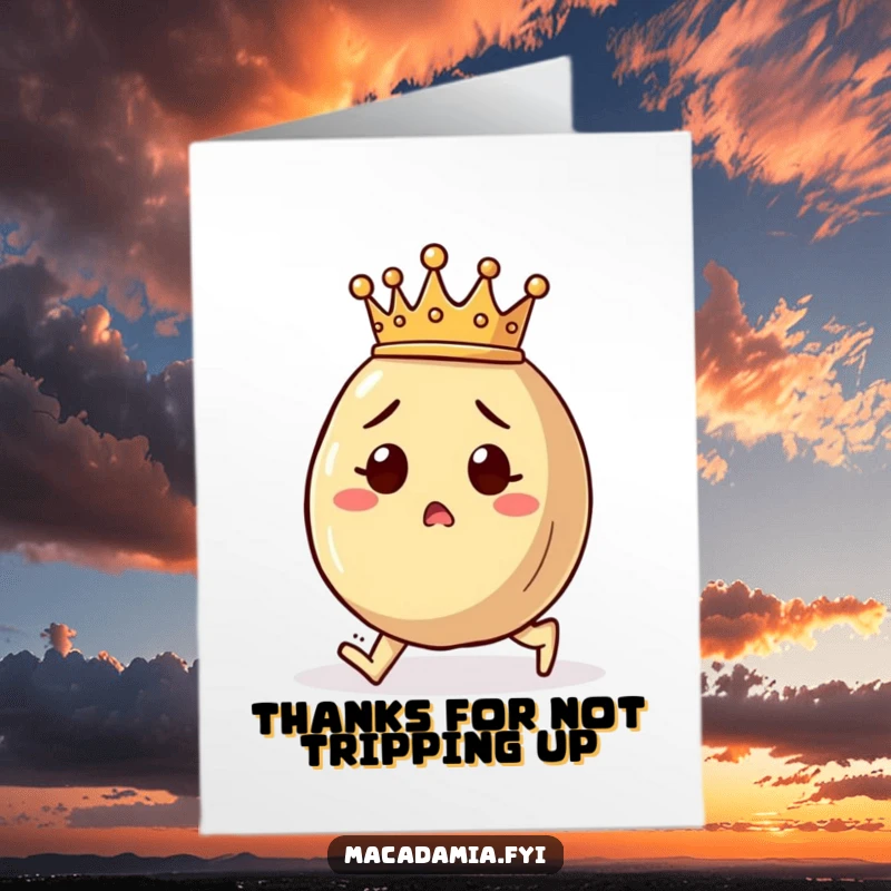 Funny Free Printable Thank You Card: A crowned macadamia nut comically trips, looking hilariously surprised.