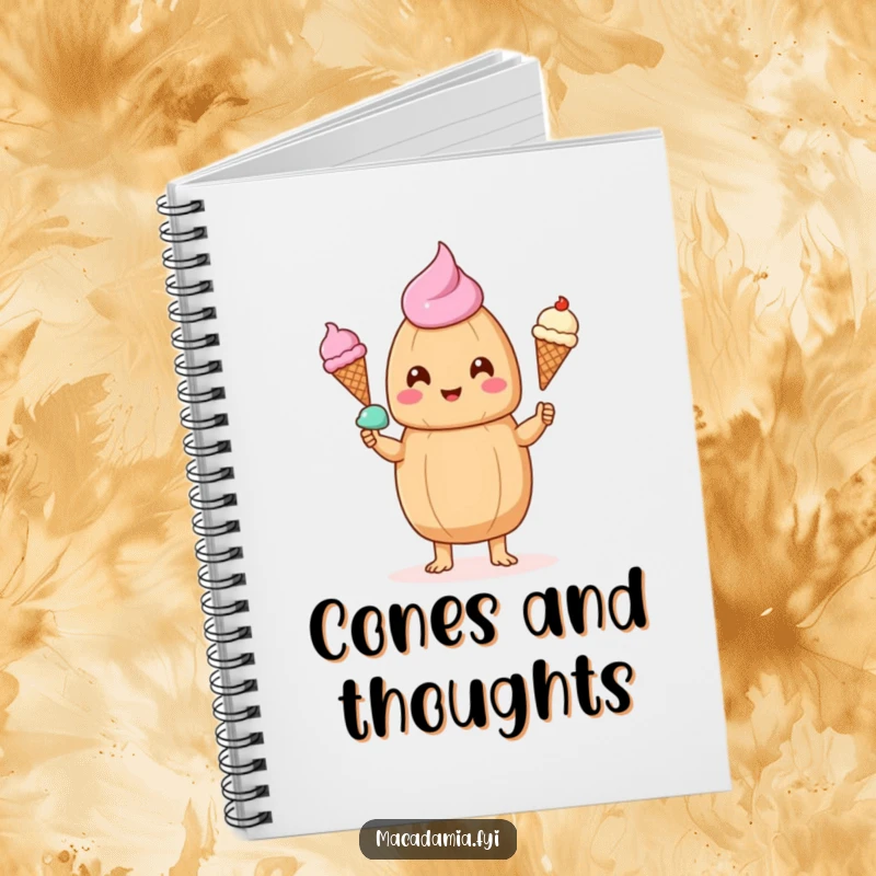 Funny kawaii macadamia nut happily juggling three tiny ice cream cones, perfect for jotting notes in this humorous notebook.