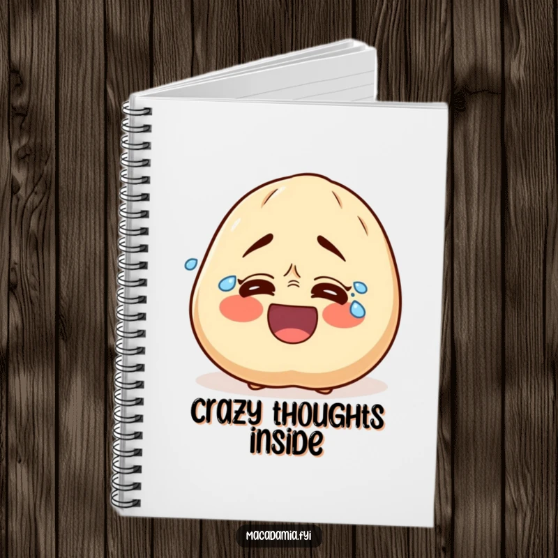 Funny notebook with a macadamia nut character crying tears of laughter, ideal for jotting down jokes, notes, and funny observations.