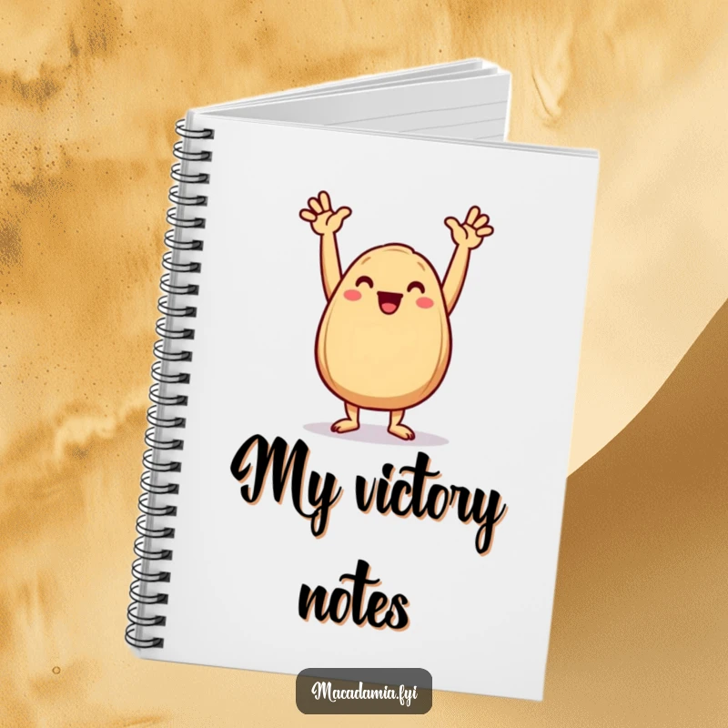 Funny Macadamia Nut Notebook featuring a joyful nut doing a triumphant dance pose with arms in the air.