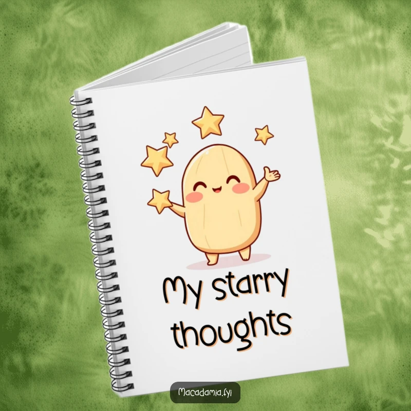 Funny macadamia nut notebook featuring a rosy-cheeked character juggling sparkling stars, ideal for capturing bright ideas.