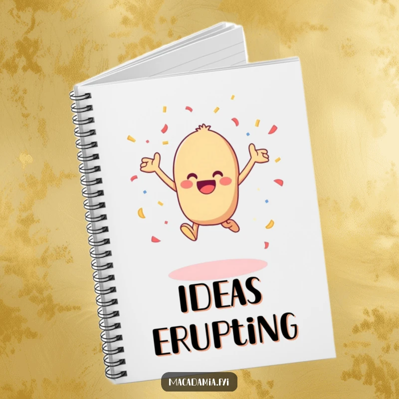Funny kawaii macadamia nut leaping with joy and tossing confetti in the air, perfect for notes in this humorous notebook.