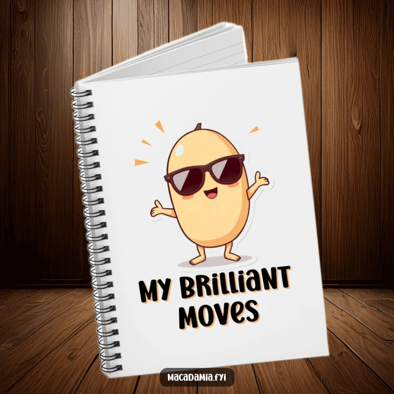 Funny kawaii macadamia nut wearing sunglasses and doing a dance pose, perfect for notes in this humorous notebook.