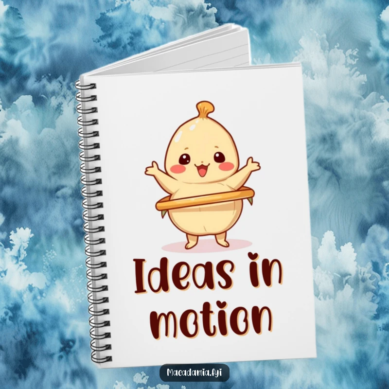 Funny notebook cover featuring a kawaii macadamia nut cheerfully spinning a hula hoop, designed for jotting down notes with energetic humor.