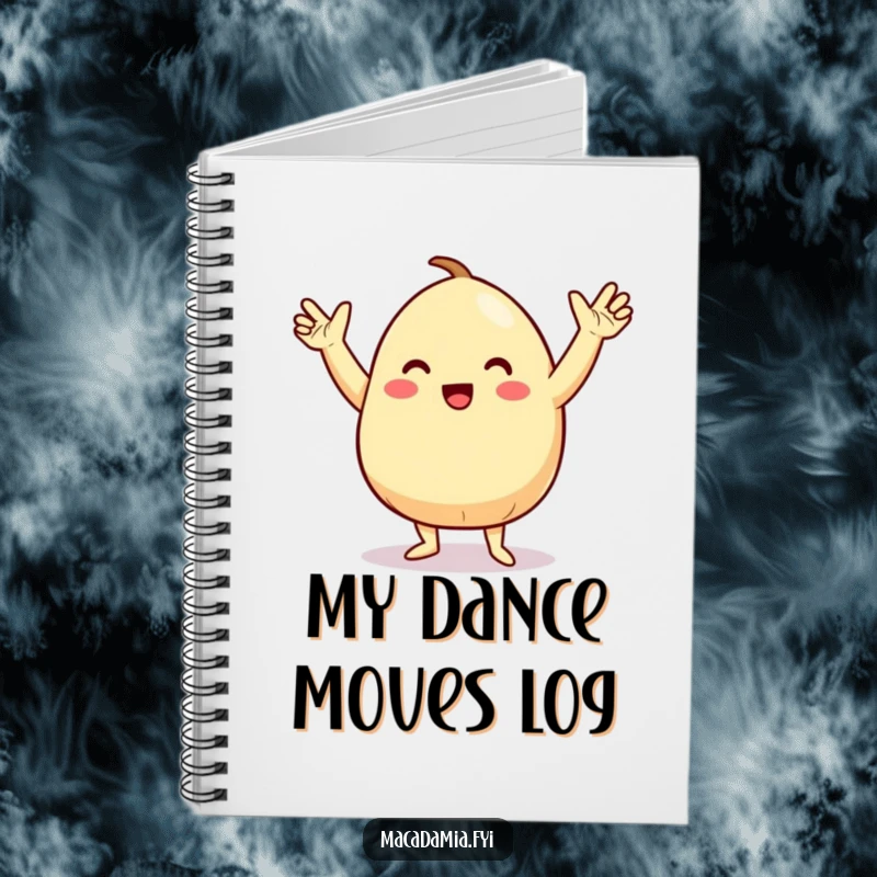 Funny notebook with a macadamia nut character doing a silly dance with arms in the air, perfect for jotting down dance plans.