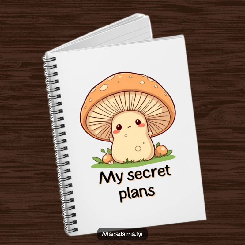 Funny macadamia nut character hiding and peeking from behind a mushroom on the cover of a notebook.