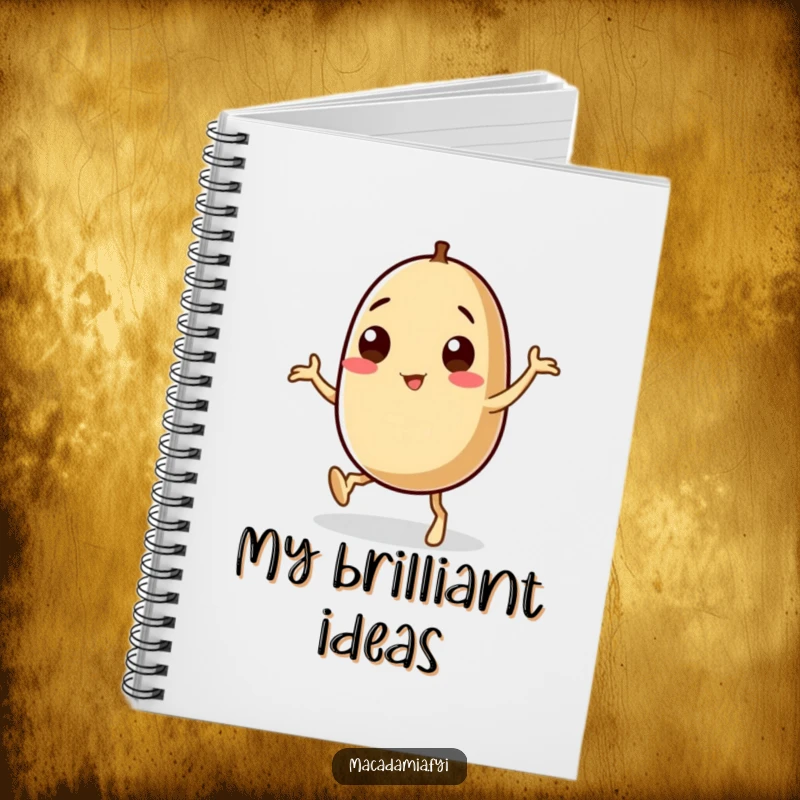 Funny macadamia nut character dancing with unsteady legs on the cover of a lined notebook, ideal for humor.