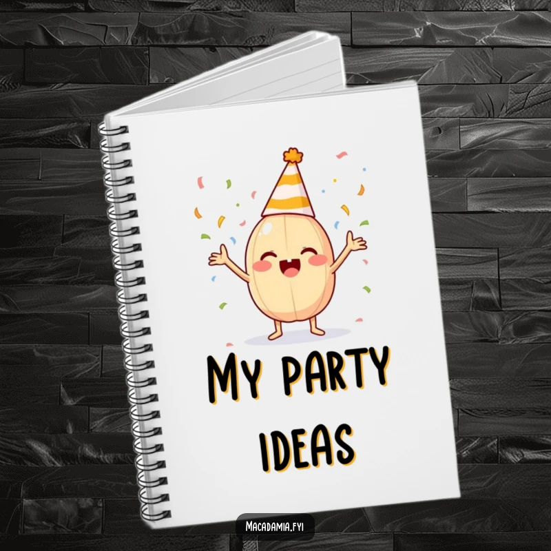 A funny macadamia nut in a party hat tosses confetti on a notebook, perfect for party ideas.