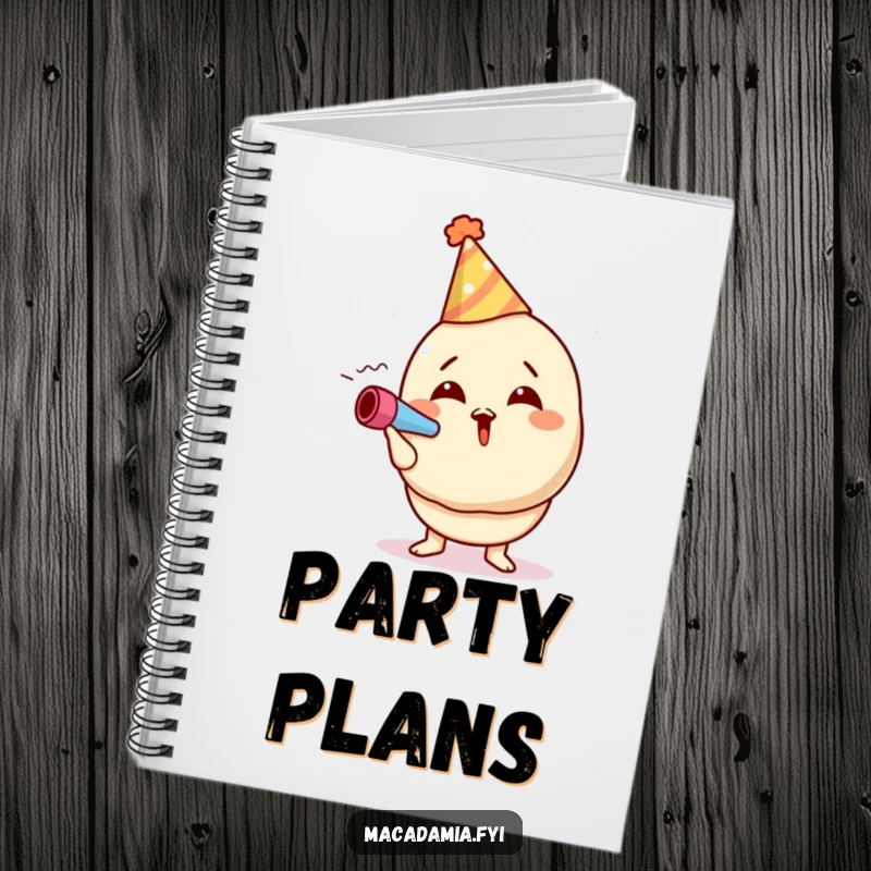 Funny macadamia nut notebook cover featuring a character in a party hat blowing a noisemaker, perfect for jotting down festive ideas.