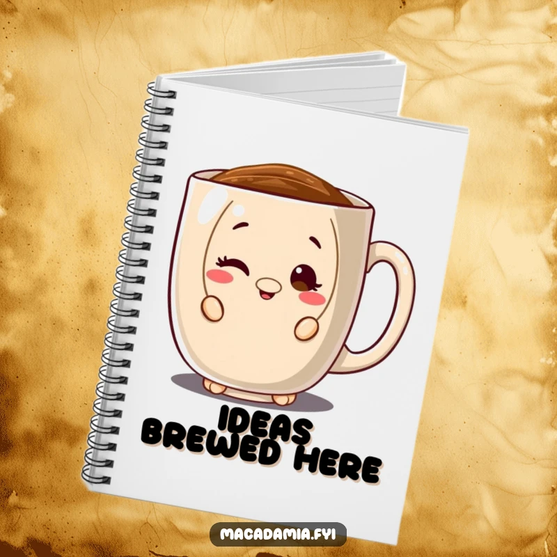 Funny notebook with a macadamia nut character peeking from behind a coffee mug, winking slyly, perfect for jotting down coffee insights.