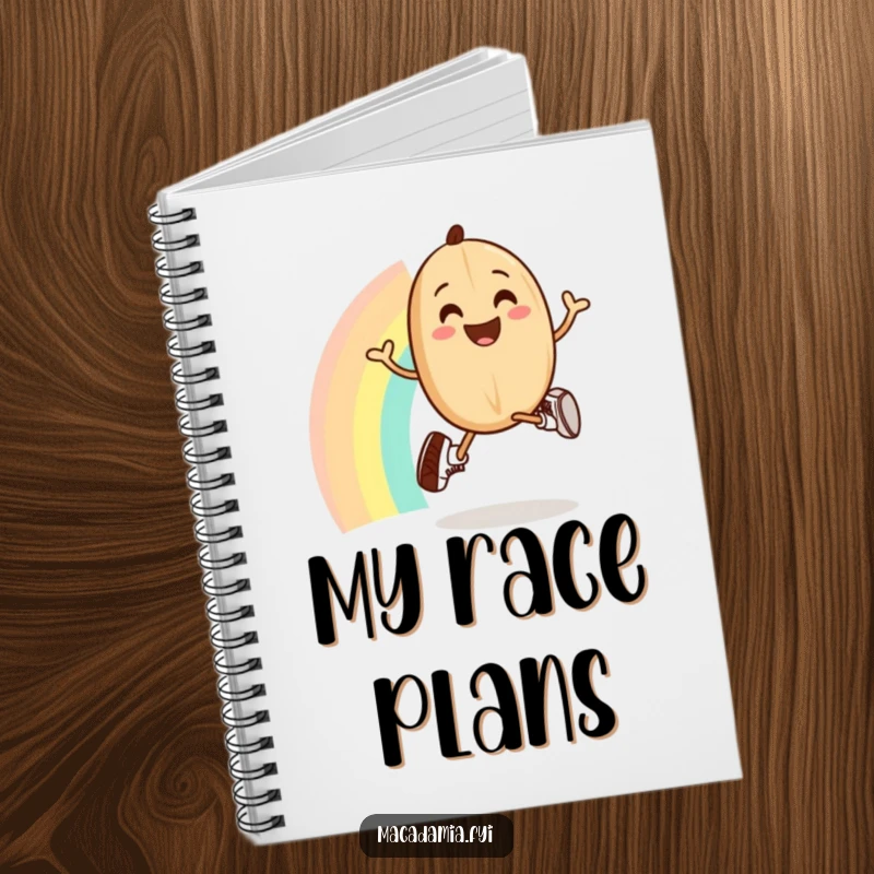 A funny macadamia nut with running shoes jogs over a rainbow on this notebook, ideal for bright ideas.