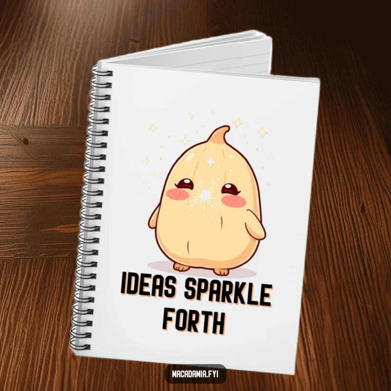 Funny macadamia nut character sneezing a whimsical cloud of sparkle dust on the cover of a notebook.