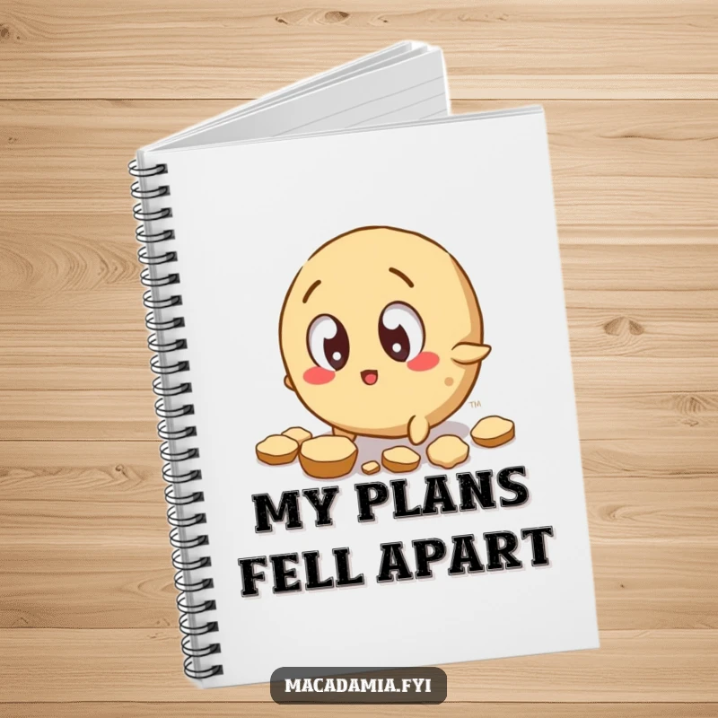 Funny Macadamia Nut Notebook: A wide-eyed macadamia nut character trips, scattering shell pieces, perfect for humorous note-taking.